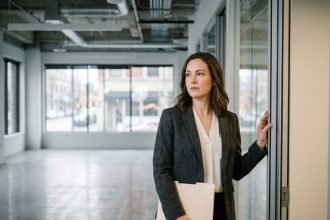 Femme entrepreneur visitant un local commercial vide avant de signer un bail professionnel