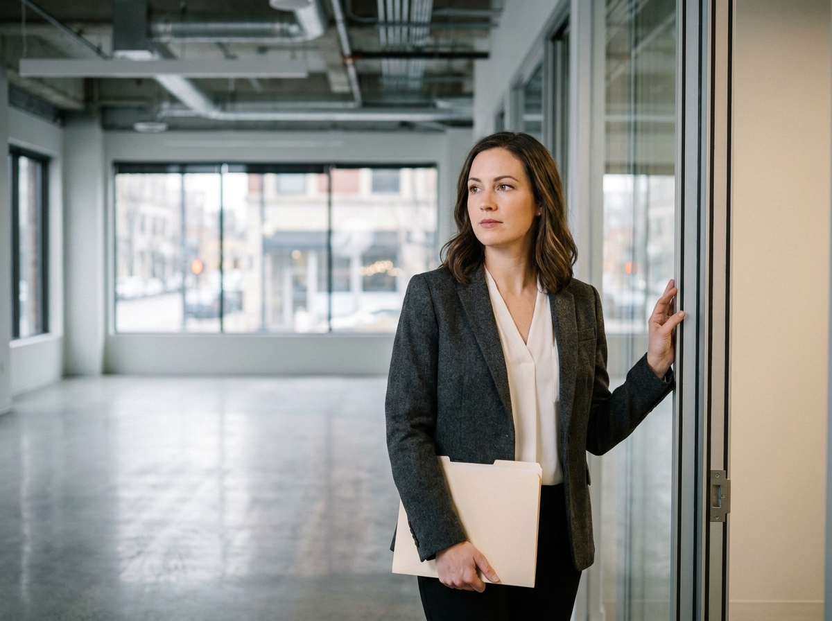 Femme entrepreneur visitant un local commercial vide avant de signer un bail professionnel