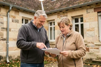 Deux voisins discutant du partage des frais de toiture commune devant leur immeuble résidentiel