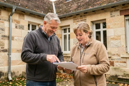 Deux voisins discutant du partage des frais de toiture commune devant leur immeuble résidentiel