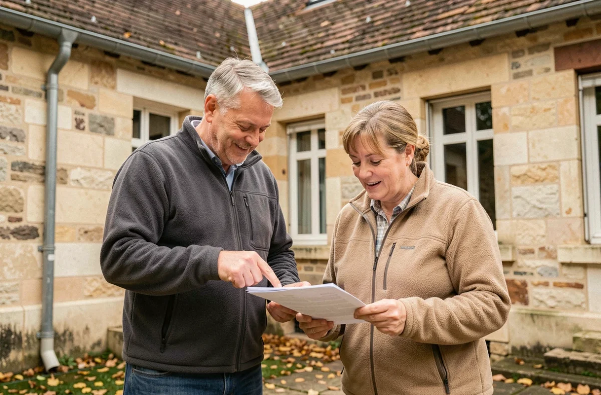 Deux voisins discutant du partage des frais de toiture commune devant leur immeuble résidentiel