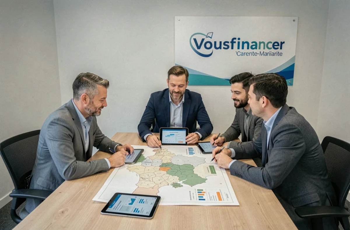 Équipe de courtiers Vousfinancer en Charente-Maritime réunis autour d'une carte immobilière régionale