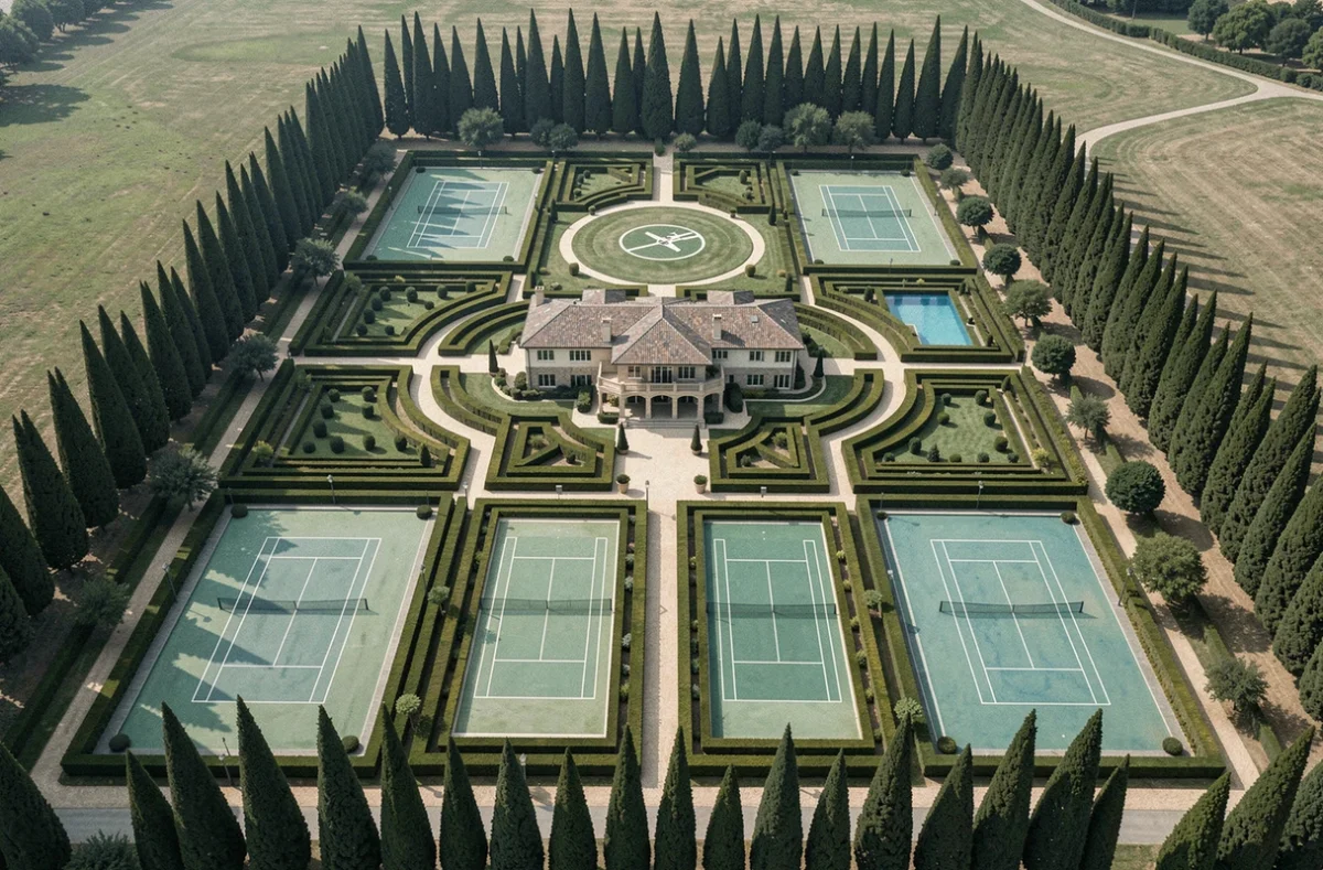 Vue aérienne d'un immense domaine privé de luxe avec jardins géométriques, courts de tennis et piscines totalement déserts